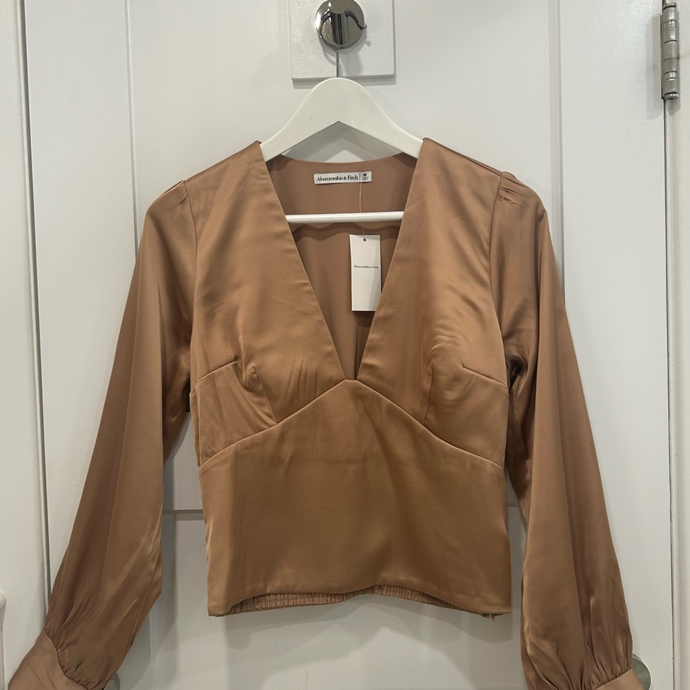 Abercrombie & Fitch Rose Gold Copper Satin Deep V Long Sleeve Top Ladies Size L🤍